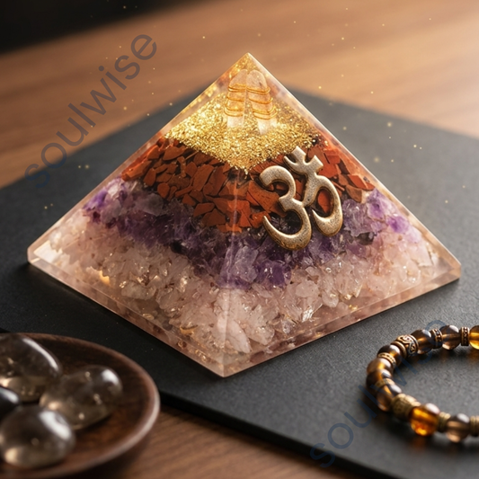 Rose Quartz, Amethyst & Red Jasper Orgonite Pyramid – Handmade Crystal Energy Pyramid for Harmony, Balance & Spiritual Décor