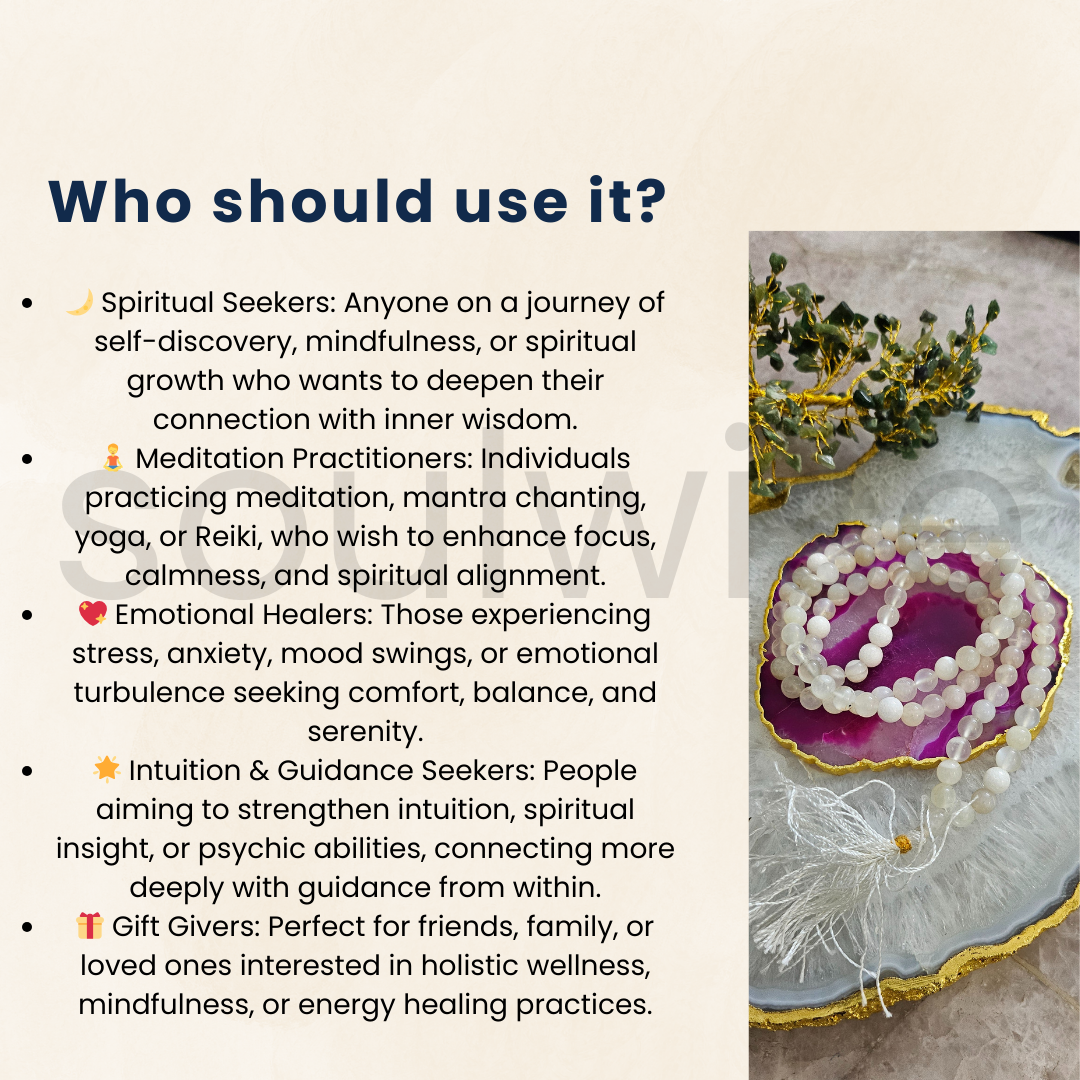 Soulwise Moonstone 108 Beads Jaap Mala – Natural Crystal Necklace for Intuition, Emotional Balance, Meditation, Chakra Healing & Spiritual Growth