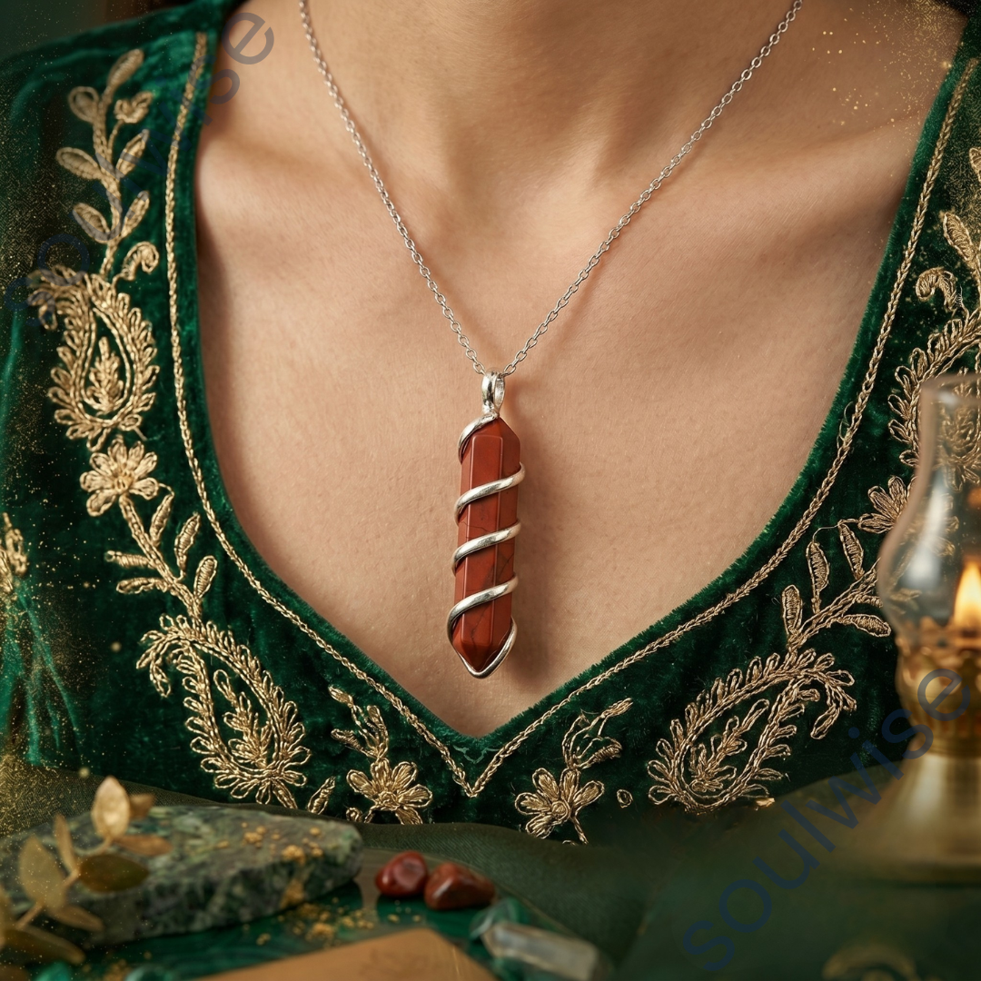 Natural Red Jasper Spiral Crystal Pendant – Healing Stone Necklace for Grounding, Strength, Chakra Balancing & Positive Energy