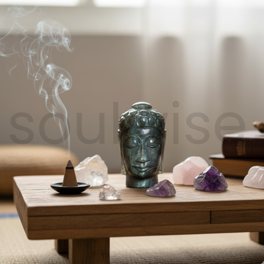 Labradorite Buddha Statue – 7 cm, 150 g | Handcrafted for Peace, Joy & Positive Energy.