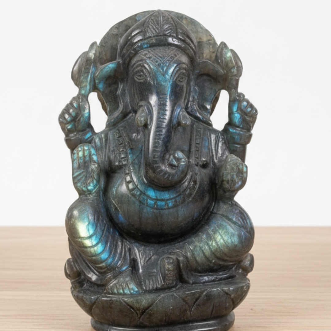 Labradorite Ganesha, Hand-Carved Crystal Idol, 818g, Spiritual Decor, Protection, Home Altar, Office Desk, Gift for Crystal Lovers