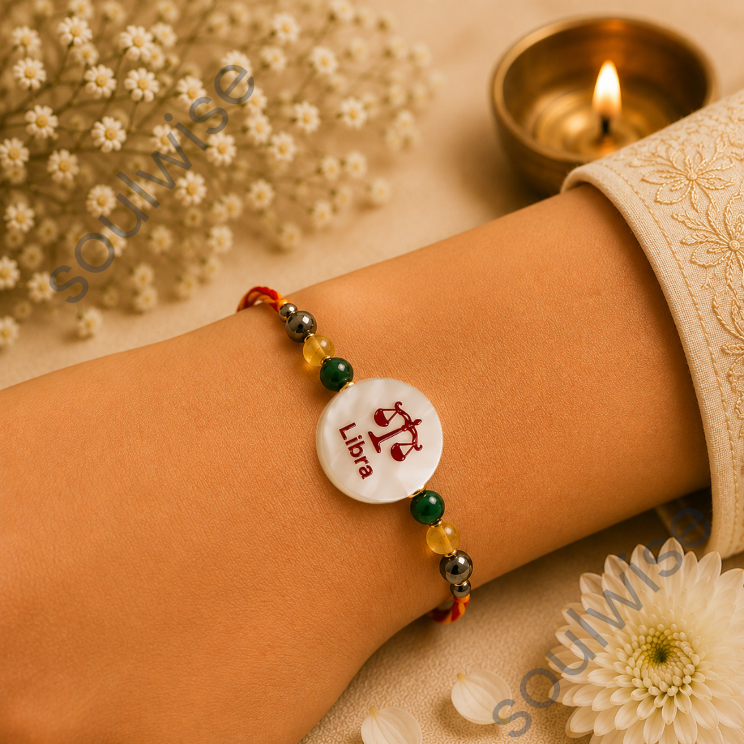 Money Magnet Libra Rakhi – Green Jade, Citrine, Pyrite & Mother of Pearl Zodiac Rakhi for Prosperity, Balance & Positive Energy