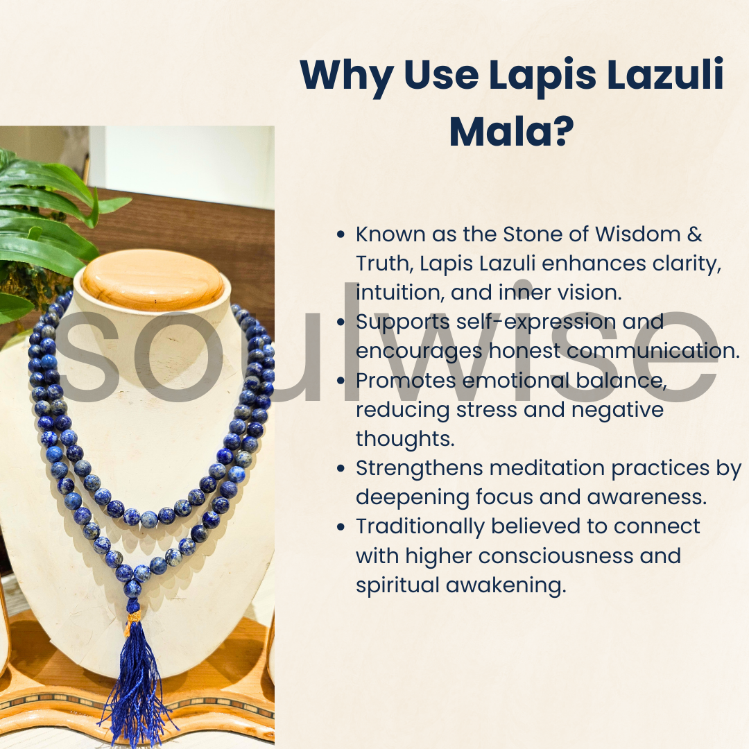 Soulwise Natural Lapis Lazuli Jaap Mala 108+1 Beads (8mm) | Handcrafted Prayer Beads for Meditation, Mantra Chanting, Yoga, Healing & Chakra Balancing