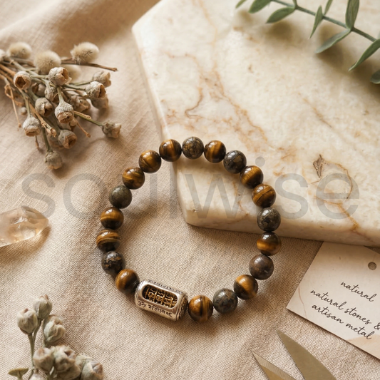 Pyrite & Tiger’s Eye Beaded Bracelet with Vajra Charm – Natural Protection & Prosperity Crystal 8mm Bracelet | Handmade Stretch Bracelet for Men & Women