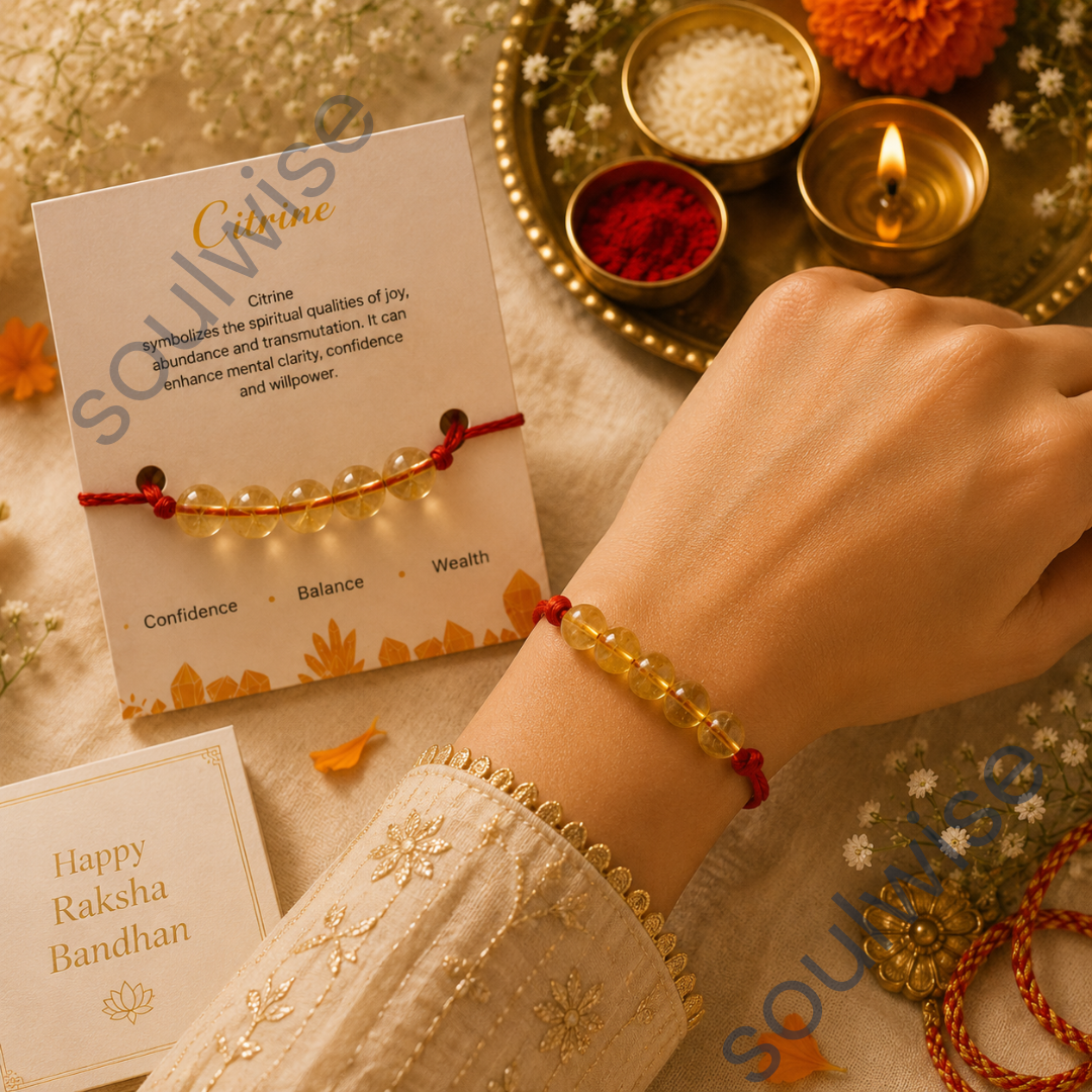 Citrine 5 Beads Rakhi – Natural Crystal Rakhi for Abundance, Success, Positivity & Prosperity