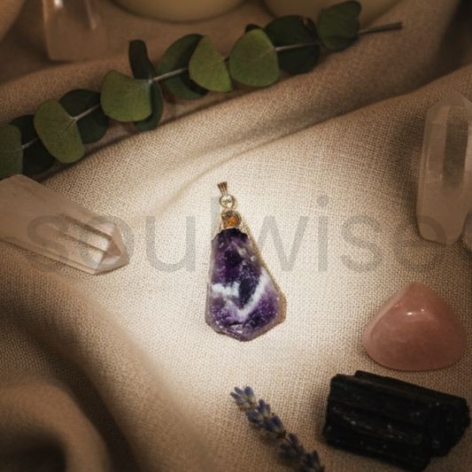 Natural Raw Chevron Amethyst Stone Pendant for Healing & Meditation | Rough Cut Purple Crystal Locket for Women & Men (Silver)