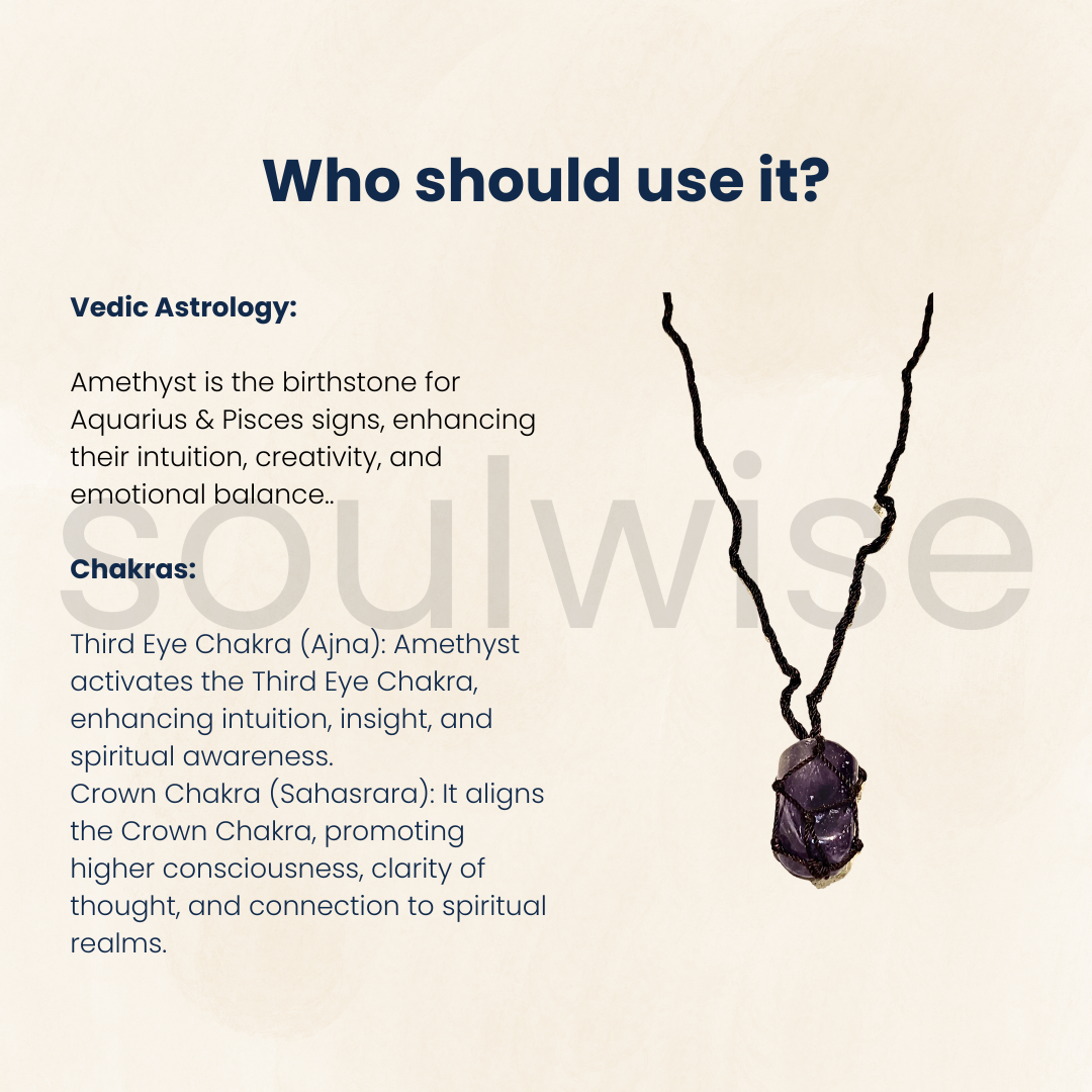Handmade Amethyst Tumble Stone Necklace – Natural Healing Crystal Wrapped in Black Thread Cord – Unisex