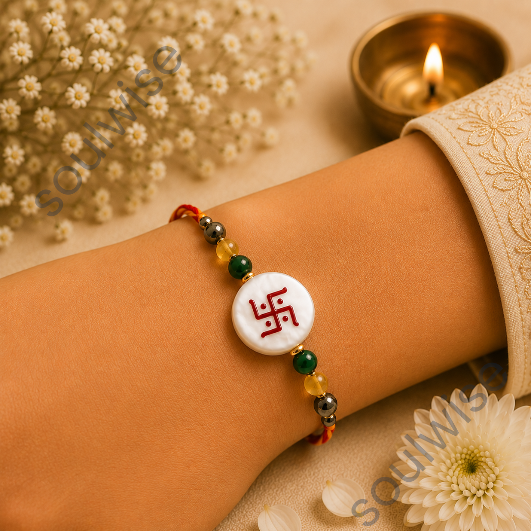 Money Magnet Swastik Rakhi – Green Jade, Citrine, Pyrite & Mother of Pearl Rakhi for Prosperity, Protection & Positive Energy