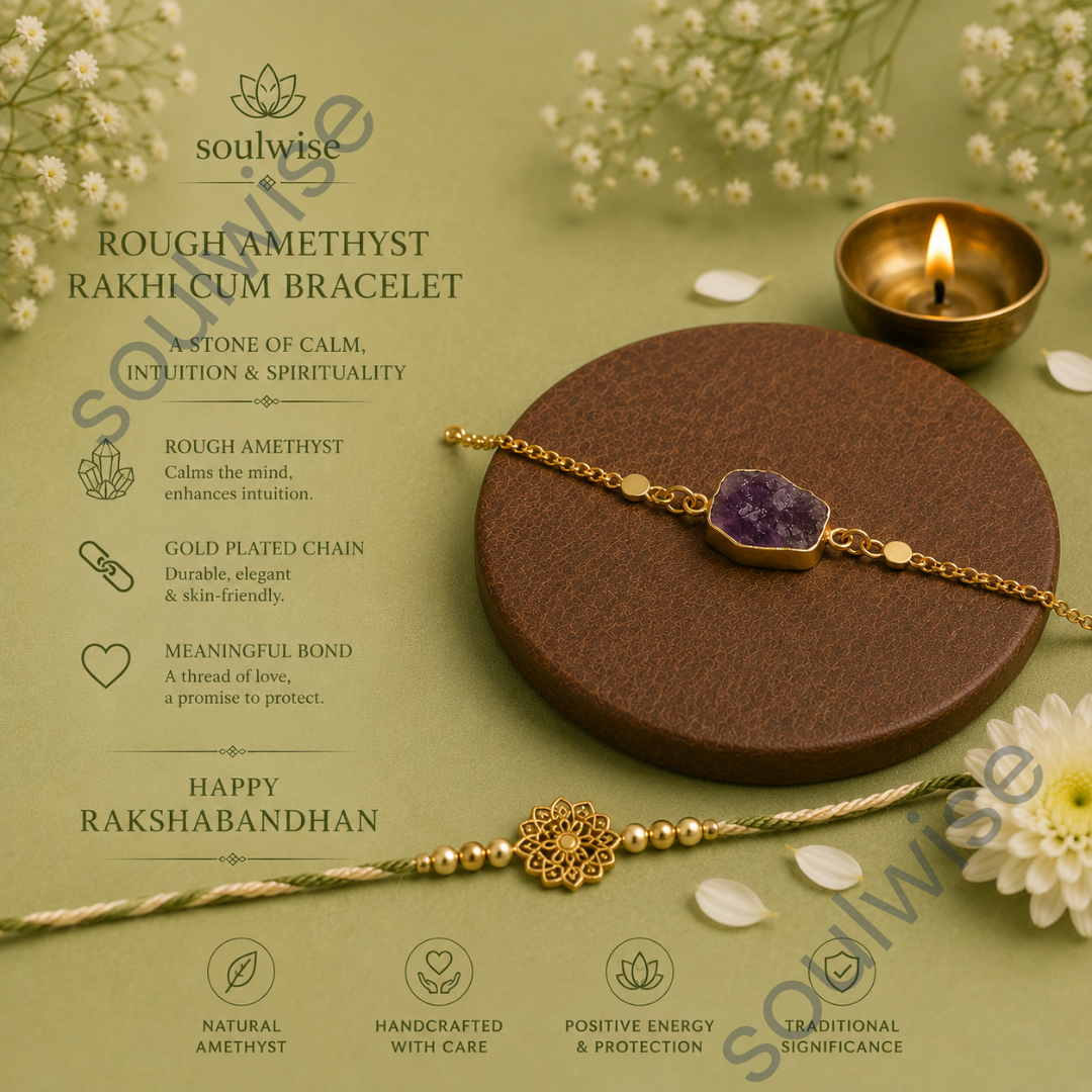 Rough Amethyst Rakhi Cum Bracelet – Natural Crystal Rakhi Bracelet for Peace, Protection, Intuition & Positive Energy