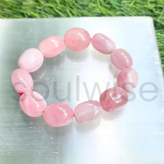 Natural Rose Quartz Tumbled Stone Bracelet Unisex Crystal Jewelry for Mindfulness Meditation Emotional Balance Self Love Minimal Stretch Bracelet.