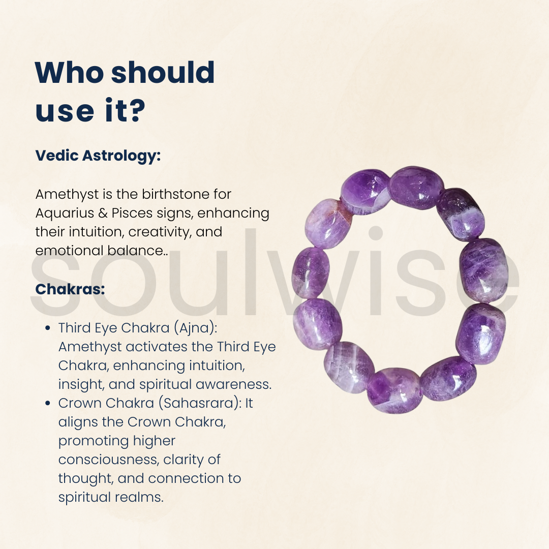 Soulwise Natural Amethyst Tumble bracelet for good relationship, happiness, health, and wealth, healing Crystal for Peace, Chakra Healing, and balancing