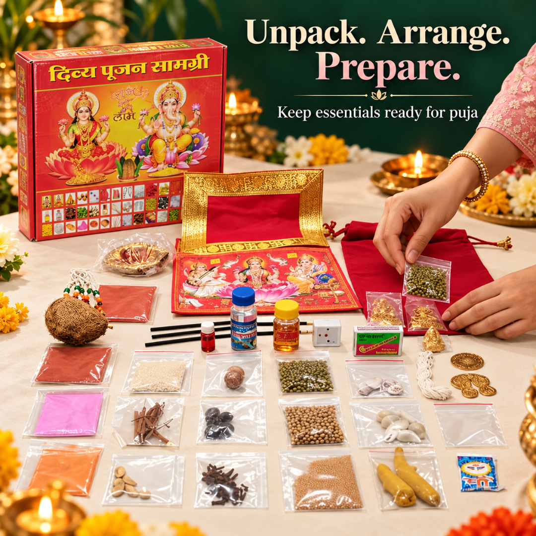Divya Pujan Saamgri – Traditional Hindu Puja Samagri Kit for Home Worship, Diwali, Dhanteras & Religious Gifting