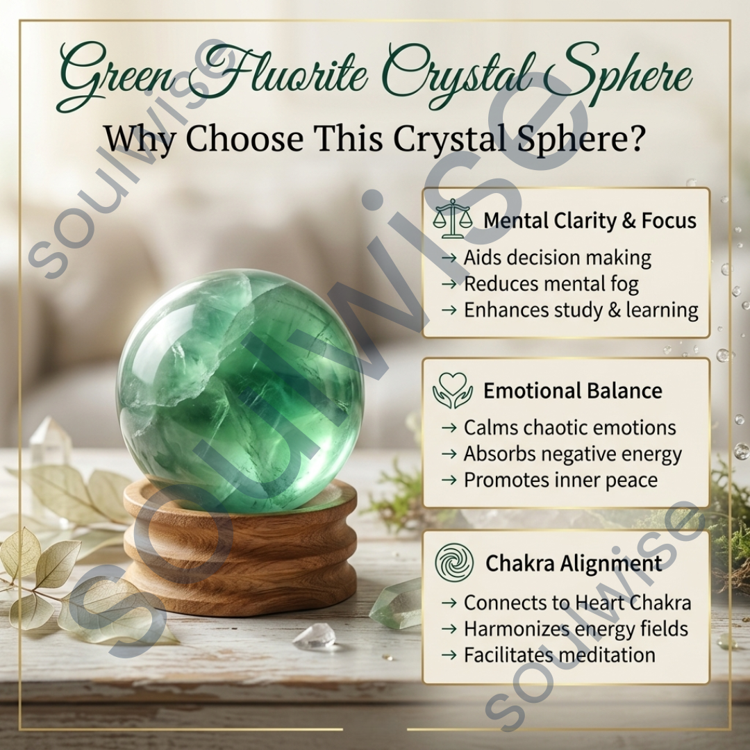 Green Fluorite Crystal Sphere (50–55mm) with Wooden Stand – Natural Healing Stone for Meditation, Chakra Balance, Focus & Home Décor