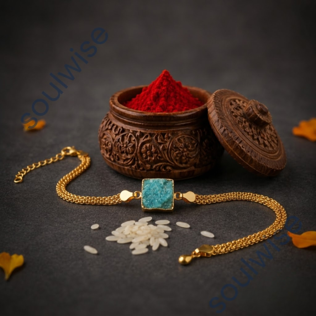 Rough Amazonite Rakhi Cum Bracelet – Natural Crystal Rakhi Bracelet for Emotional Balance, Communication & Positive Energy