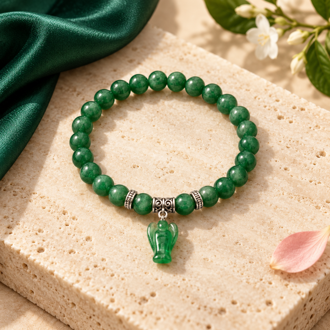 Green Aventurine Bracelet with Angel Charm – Natural Crystal Beads for Luck, Prosperity & Healing – Stretch Bracelet for Women & Men – Spiritual Gift Jewelry