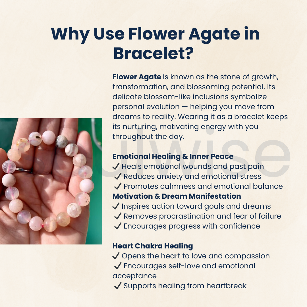 Flower Agate Bracelet 8mm – Natural Healing Crystal Beads for Self Growth, Manifestation & Mental Clarity | Unisex