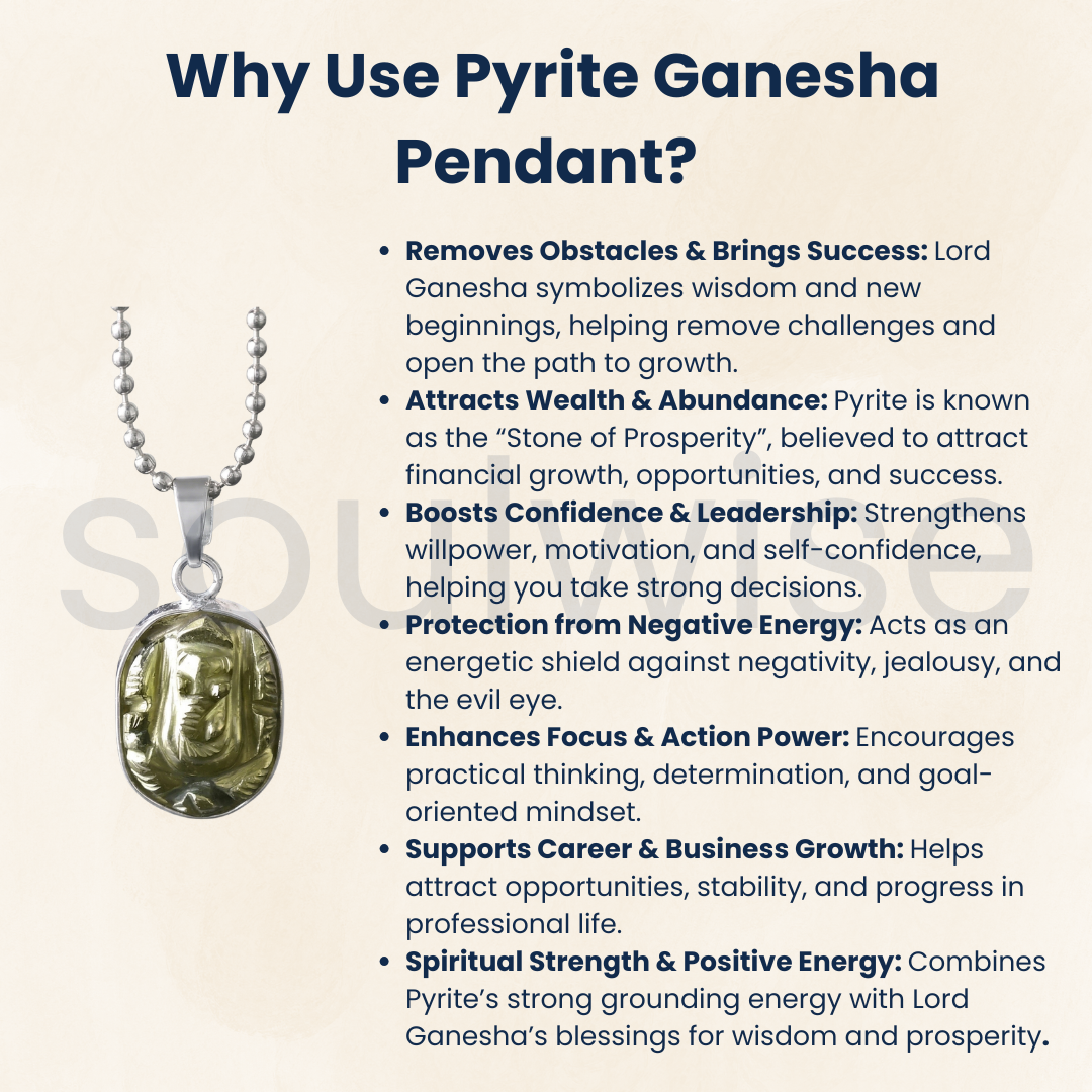 Pyrite Ganesha Pendant Necklace – Hand-Carved Natural Pyrite Lord Ganesha Crystal Pendant for Prosperity, Protection & Positive Energy