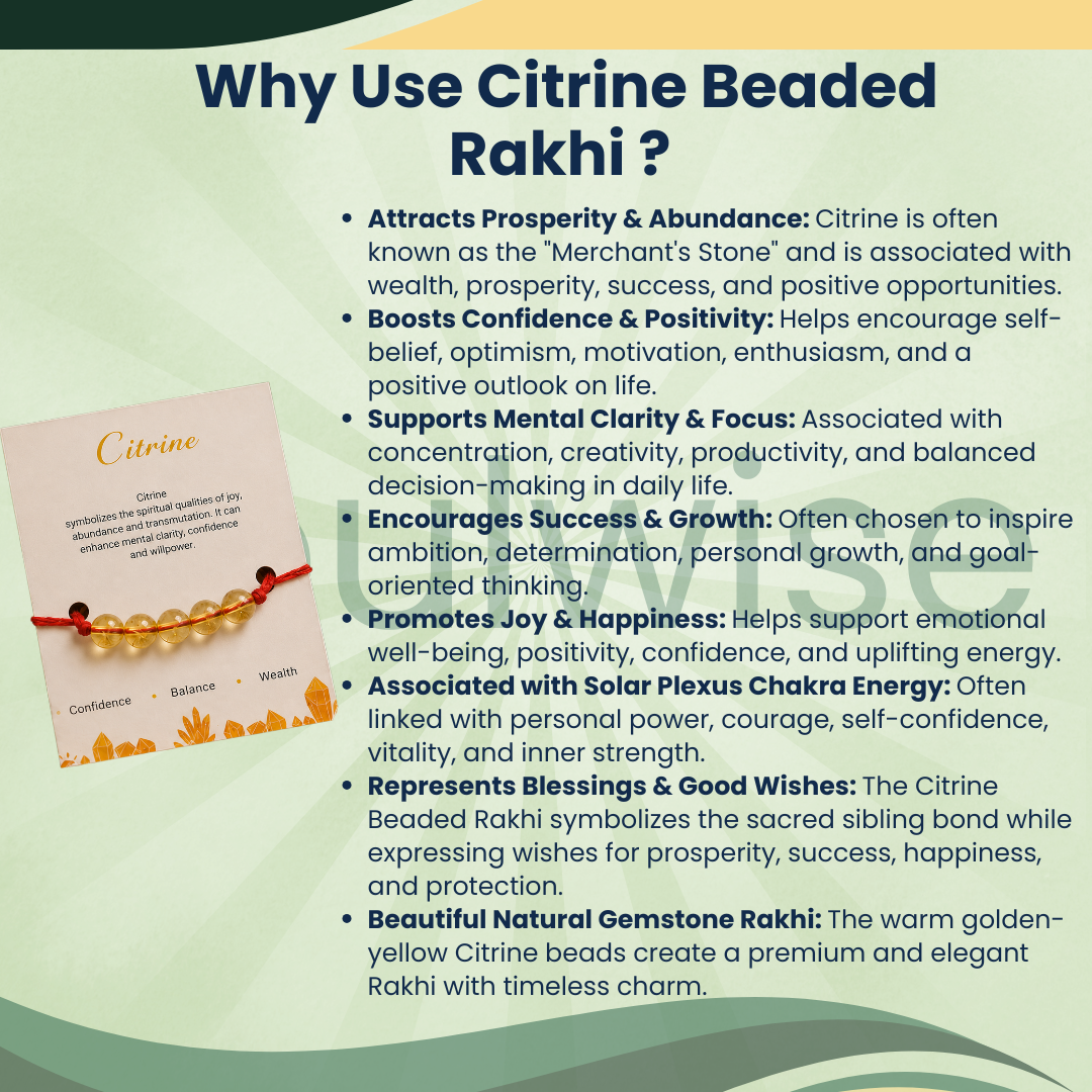 Citrine 5 Beads Rakhi – Natural Crystal Rakhi for Abundance, Success, Positivity & Prosperity