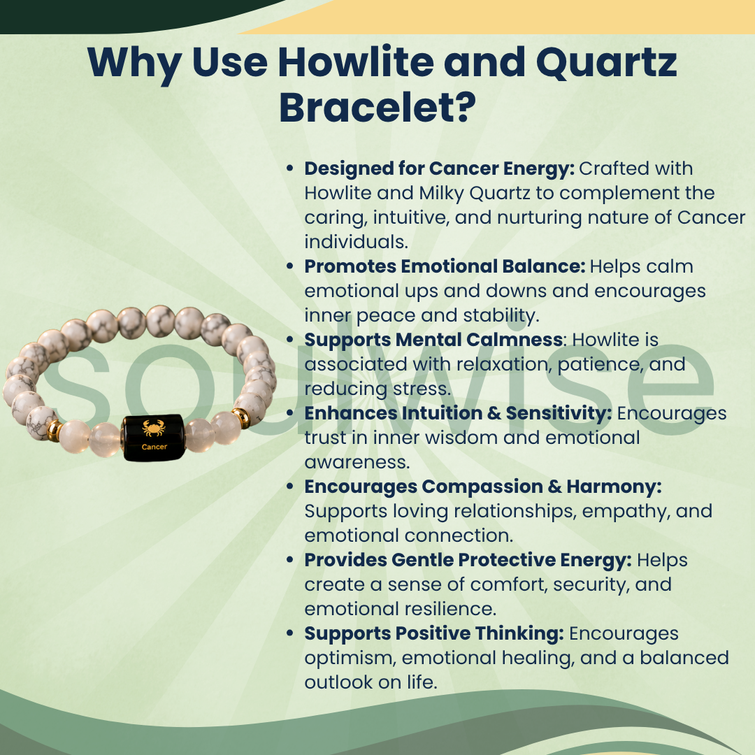 Cancer (Karka Rashi) Zodiac Bracelet – Natural Howlite & Clear Quartz Crystal Bracelet for Calmness, Clarity & Emotional Balance