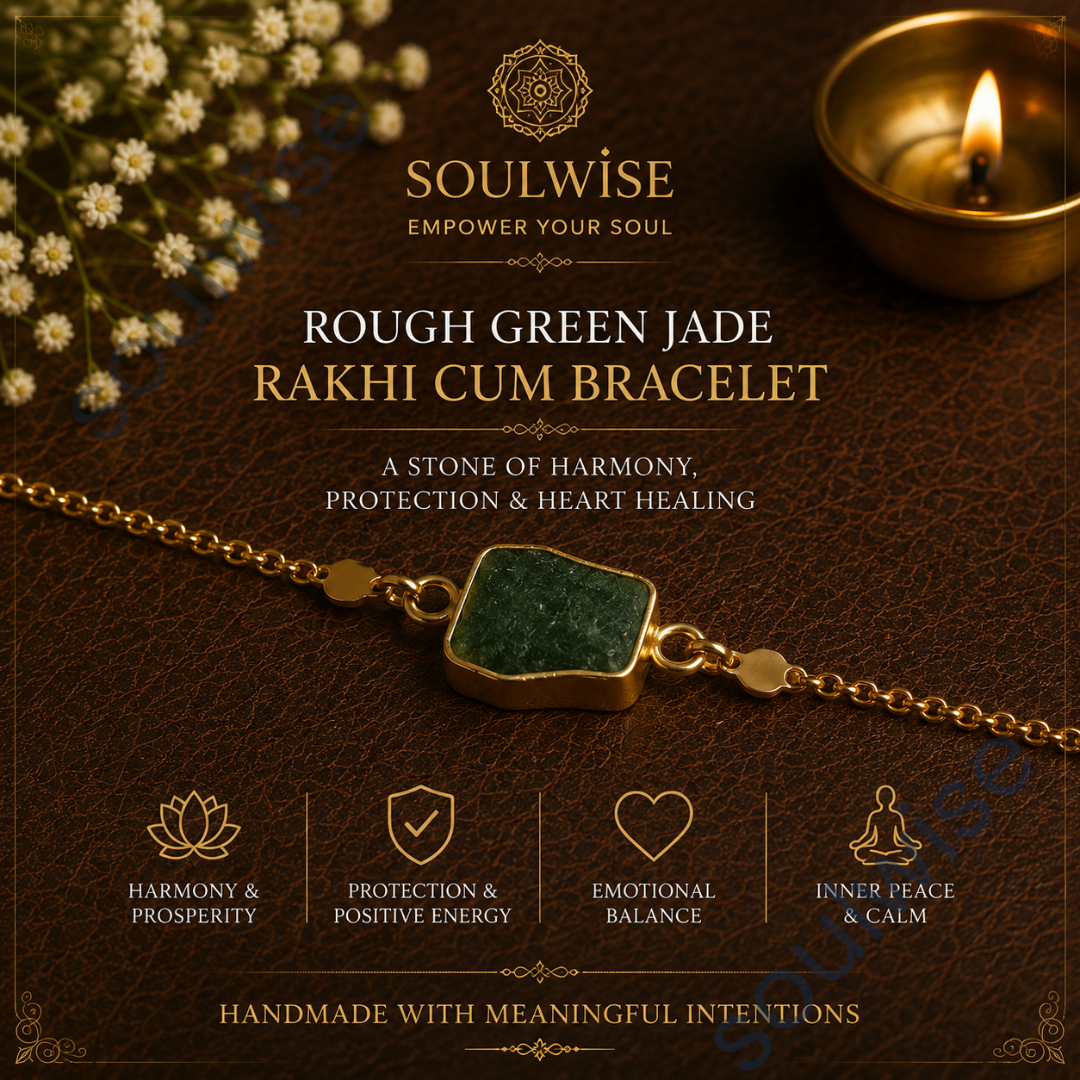 Rough Green Jade Rakhi Cum Bracelet – Natural Crystal Rakhi Bracelet for Prosperity, Harmony & Good Fortune