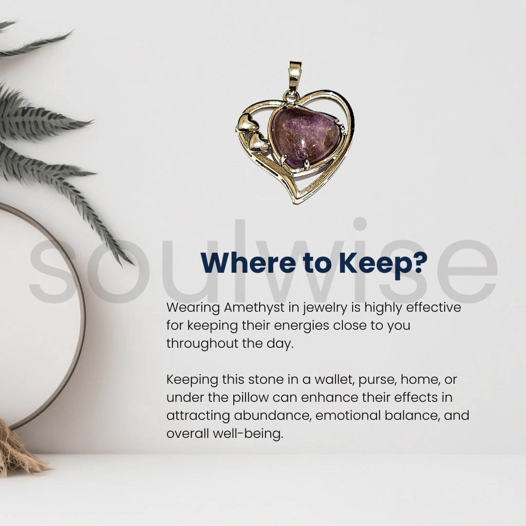 Heart-Shaped Amethyst Crystal Pendant for Women | Natural Healing Stone Jewelry for Love & Calm .