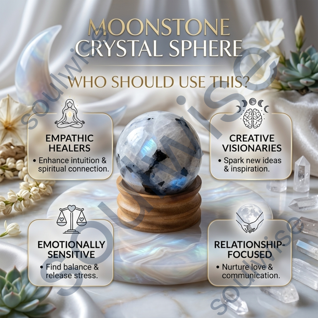 Moonstone Crystal Sphere (50–55mm) with Wooden Stand – Natural Healing Stone for Meditation, Emotional Balance & Spiritual Energy