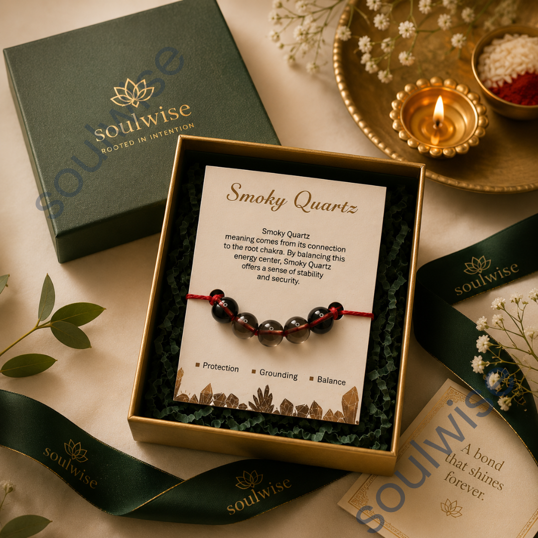 Smoky Quartz 5 Beads Rakhi – Natural Crystal Rakhi for Grounding, Protection, Emotional Balance & Positive Energy