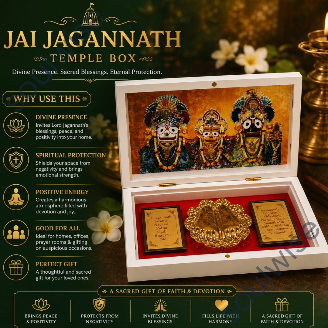 Jai Jagannath Temple Box with Golden Paduka & Divine Photo Frame – Premium Spiritual Décor & Devotional Showpiece for Home, Office & Pooja Room