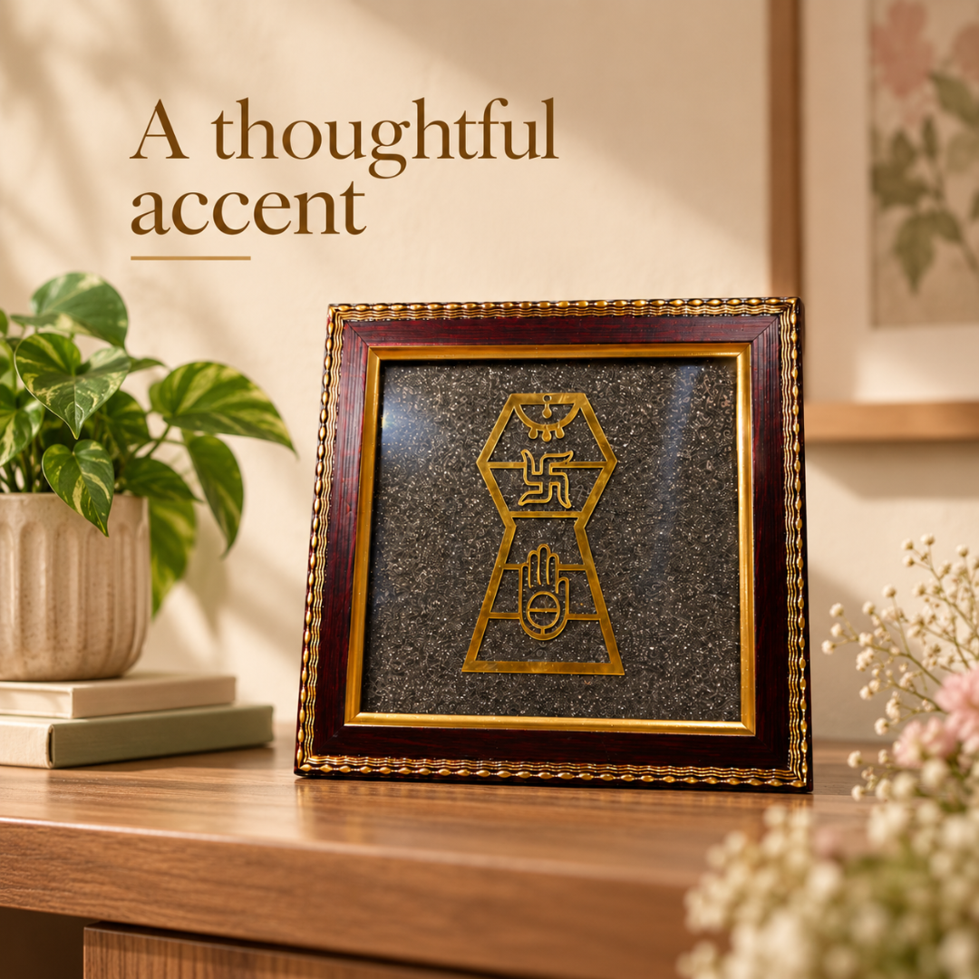 Jainism Symbol Pyrite Frame 18 × 18 – Jain Spiritual Décor for Home, Office & Devotional Gifting