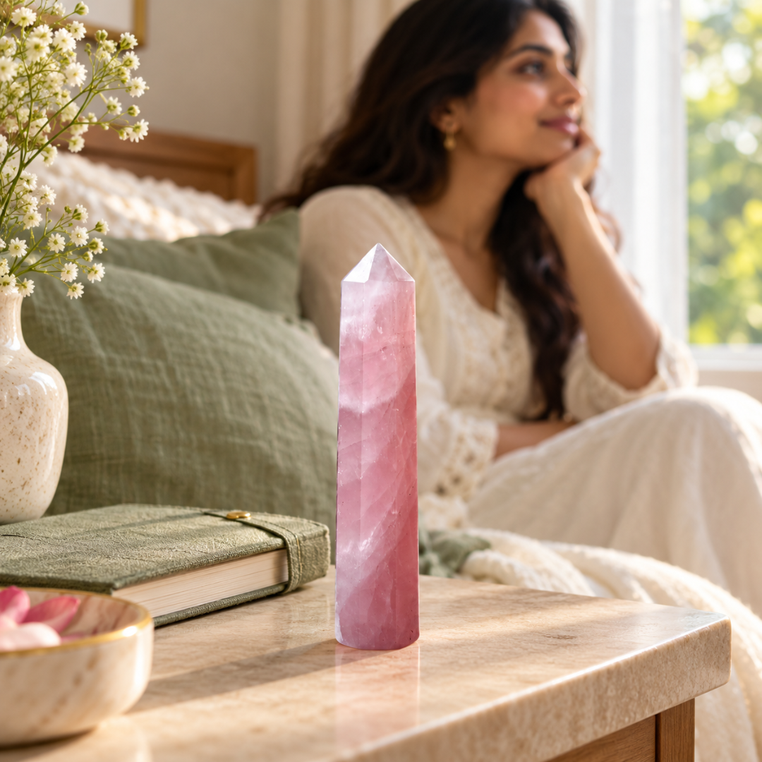 Natural Rose Quartz Crystal Pencil – Pink Healing Gemstone Point for Love, Self-Love, Emotional Balance, Heart Chakra Healing, Reiki, Meditation & Positive Energy
