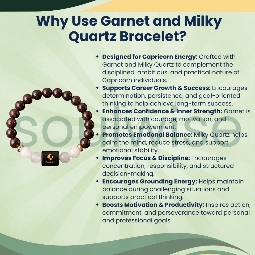 Capricorn (Makar Rashi) Zodiac Bracelet – Natural Garnet & Clear Quartz Crystal Bracelet for Success, Confidence & Clarity