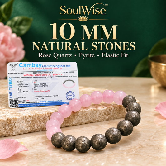 Rose Quartz & Pyrite Crystal Bracelet with 10mm Beads – Pink & Golden-Toned Gemstone Jewellery for Men & Women.