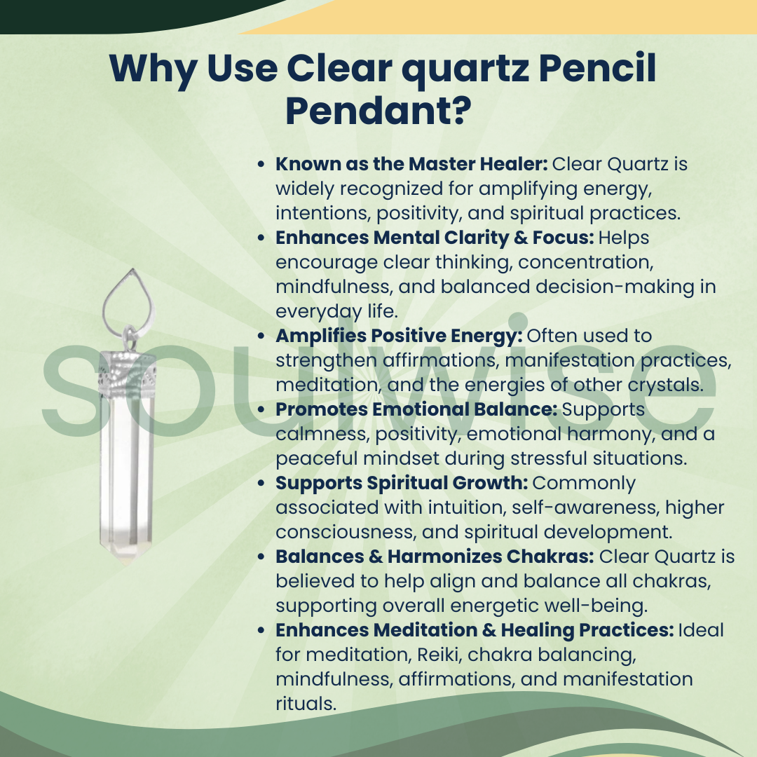 Clear Quartz Pencil Pendant – Natural Sphatik Crystal Necklace for Clarity, Positive Energy, Reiki & Chakra Balancing