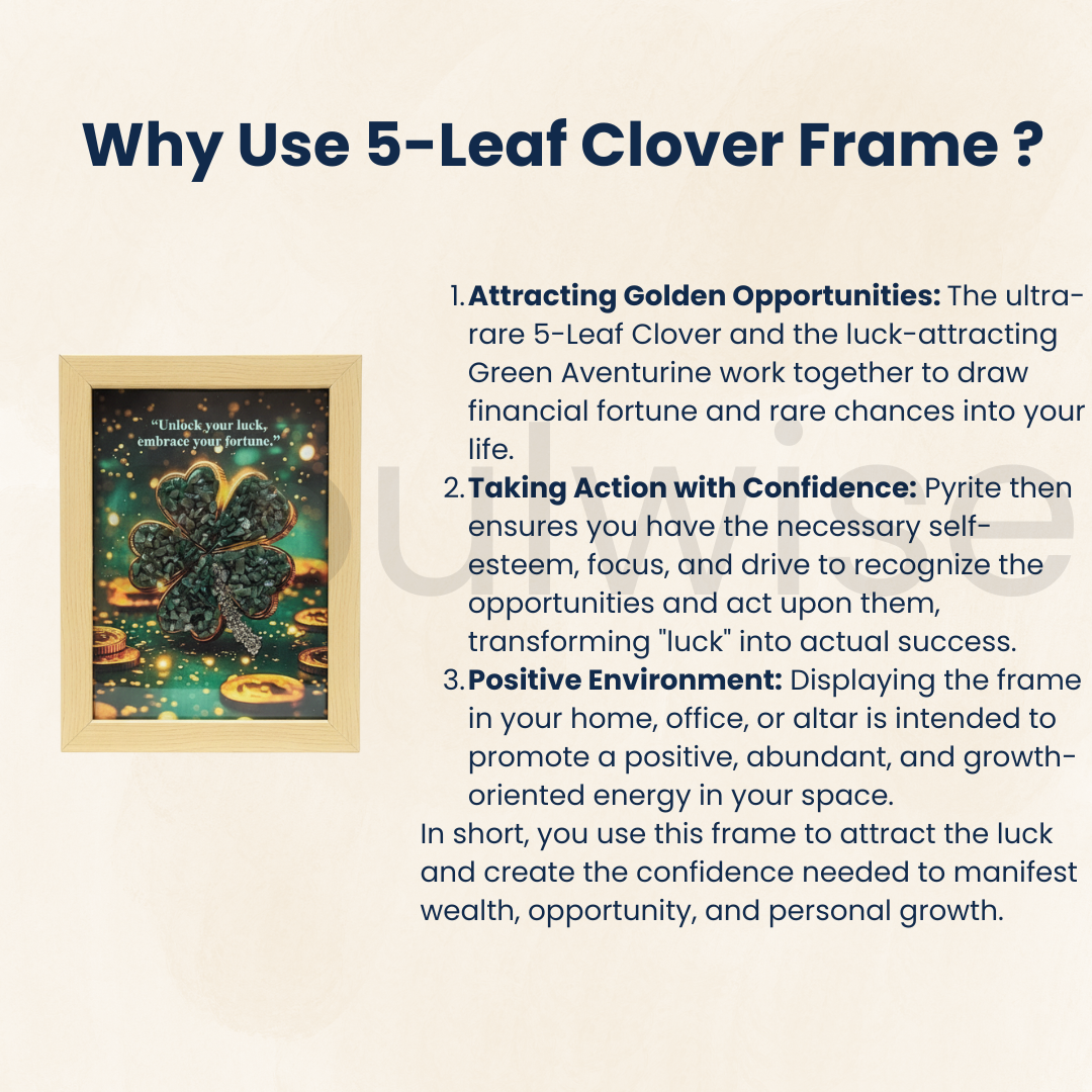 5-Leaf Clover Crystal Art, Green Aventurine & Pyrite Wall Hanging, 24 x 16 x 8 cm, Good Luck Charm with Quote