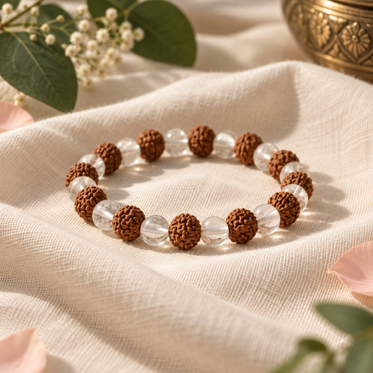Rudraksha & Clear Quartz Bracelet – Natural Seed & Crystal Bead Jewellery for Meditation, Everyday Wear & Spiritual Gifting