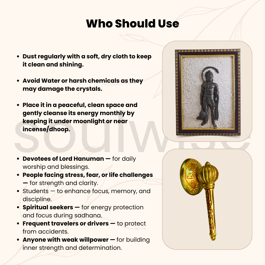 Lord Hanuman Pyrite & Selenite Healing Crystal Frame +Sidh Hanuman Ji Gadda with Stand – 3 Inch Gold-Plated, Vastu Remedy & Spiritual Decor Combo | Diwali Gift for Home & Office