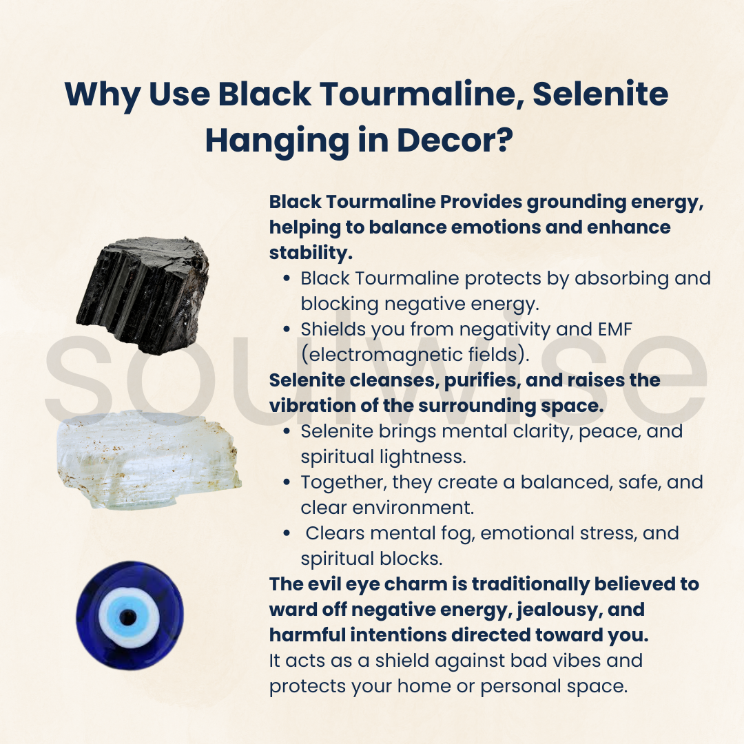 Black Tourmaline with Selenite Hanger – Energy Shield, Evil Eye Protection