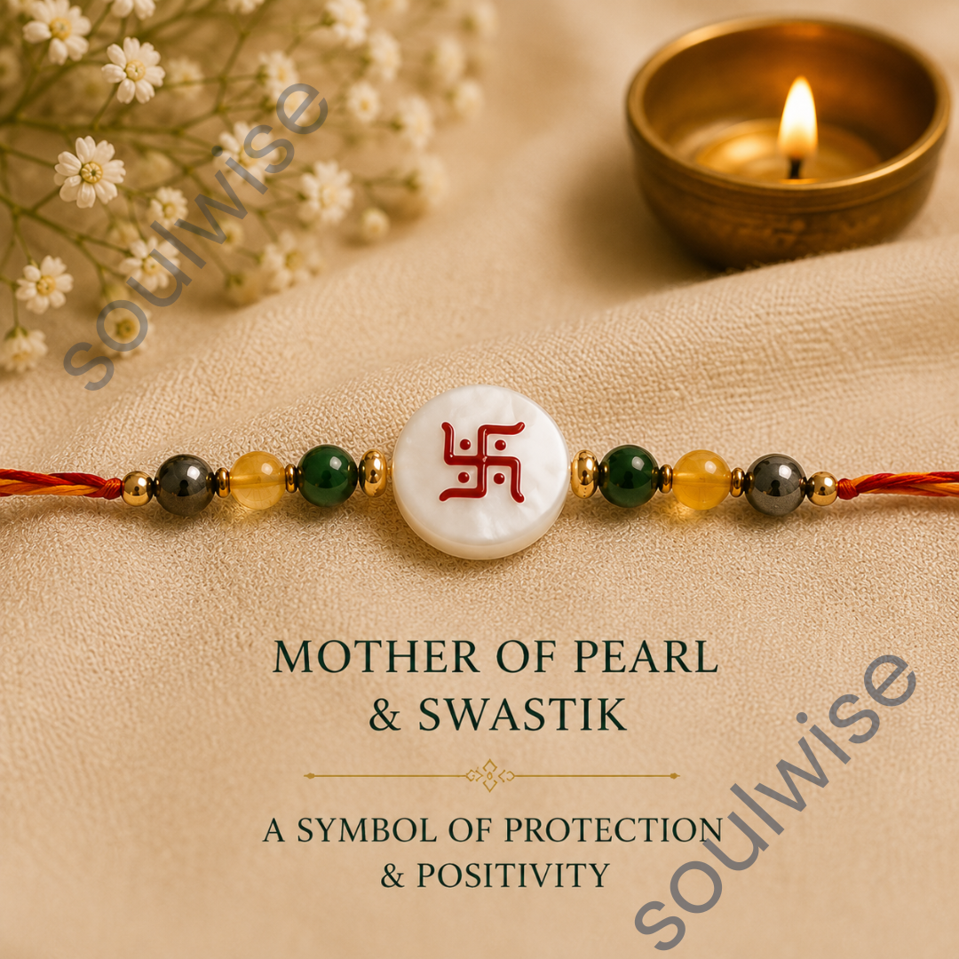 Money Magnet Swastik Rakhi – Green Jade, Citrine, Pyrite & Mother of Pearl Rakhi for Prosperity, Protection & Positive Energy