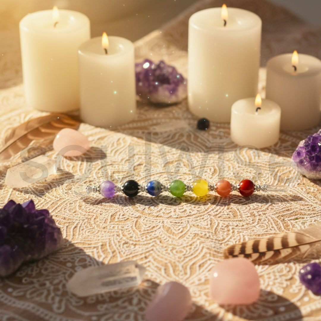 Seven Chakra Sphere Wand, Mini Ball Crystal Wand With Clear Quartz Point.