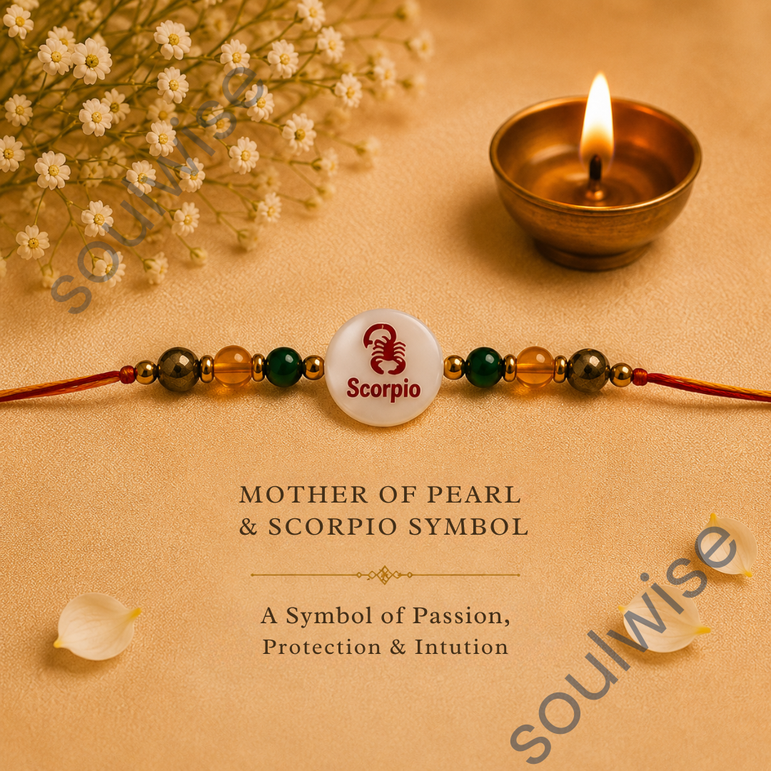 Money Magnet Scorpio Rakhi – Green Jade, Citrine, Pyrite & Mother of Pearl Zodiac Rakhi for Prosperity, Strength & Positive Energy