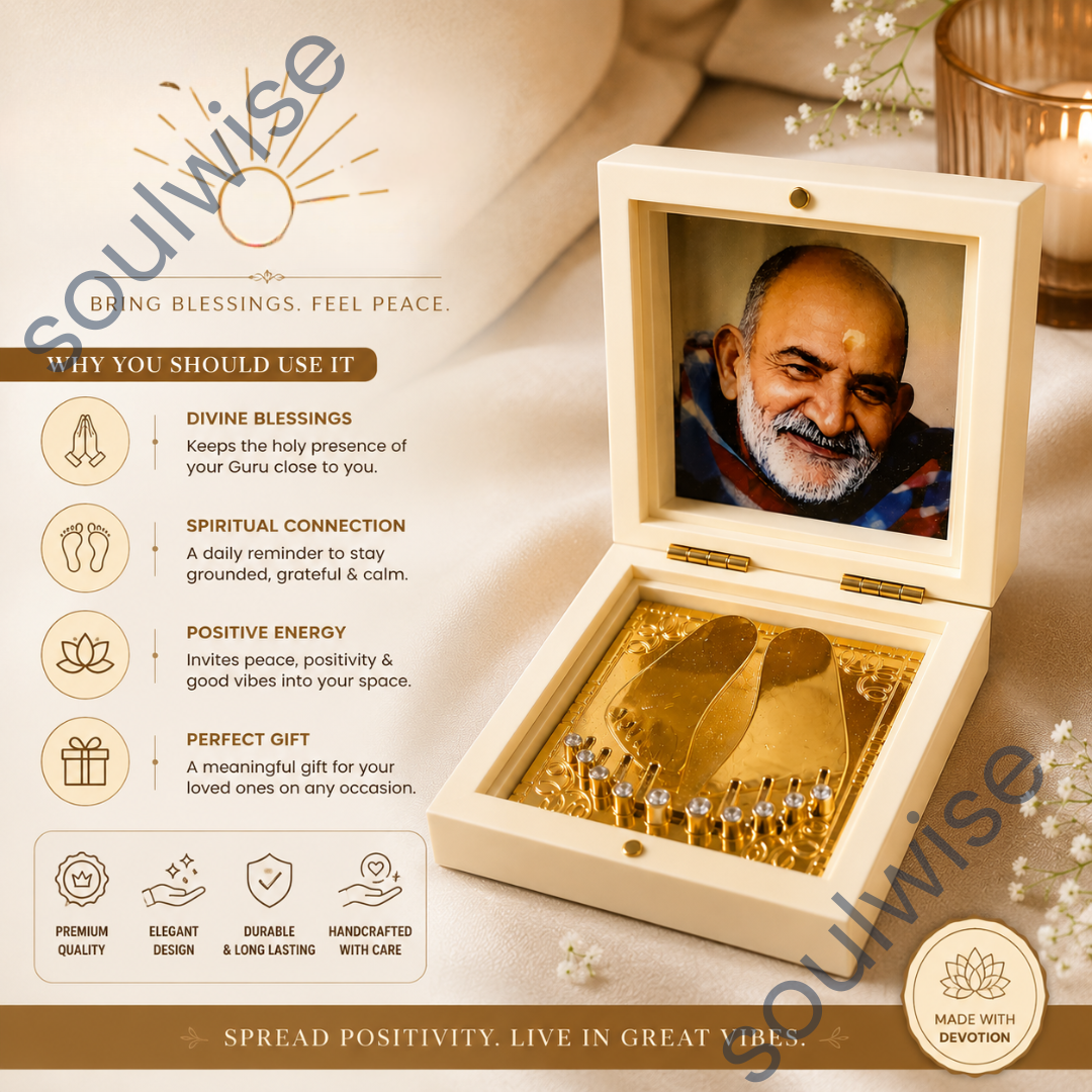 Neem Karoli Baba Golden Paduka Temple Box with Photo Frame – Divine Blessings & Spiritual Decor for Home, Office & Pooja Room (3x3 Inch)