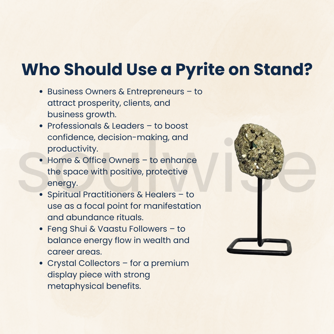 Soulwise Natural Pyrite on Metal Stand – 3" Golden Healing Crystal for Energy Balancing, Motivation & Table Décor
