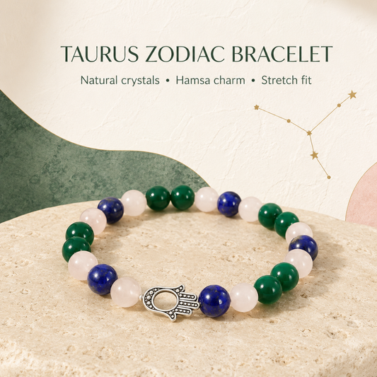 Taurus Zodiac Crystal Bracelet with Hamsa Hand Charm – Natural Multi-Stone Beaded Bracelet