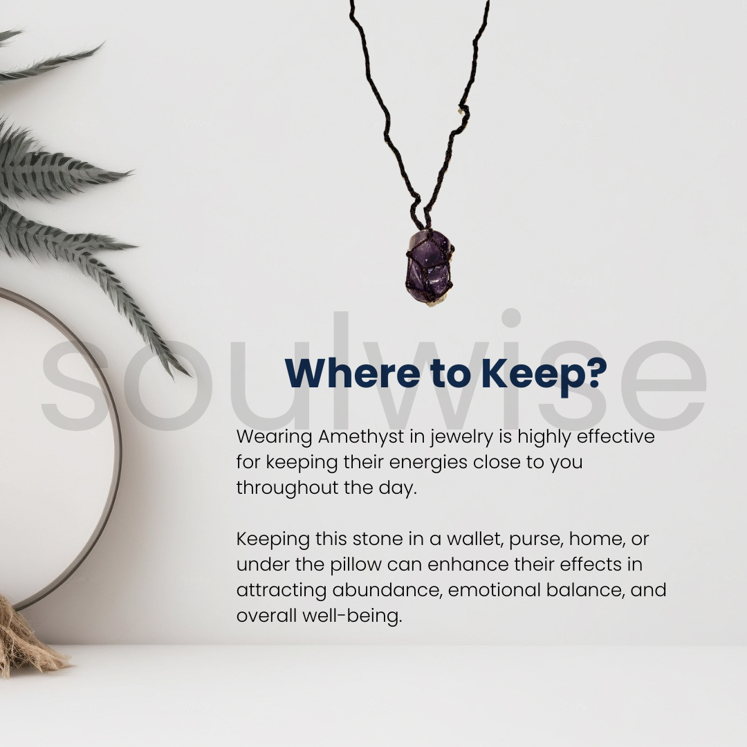 Handmade Amethyst Tumble Stone Necklace – Natural Healing Crystal Wrapped in Black Thread Cord – Unisex
