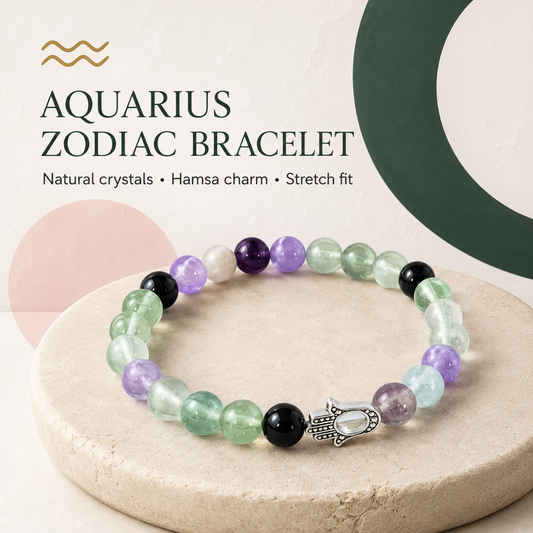Aquarius Zodiac Crystal Bracelet with Hamsa Hand Charm – Certified Natural Multi-Stone 8mm Beads