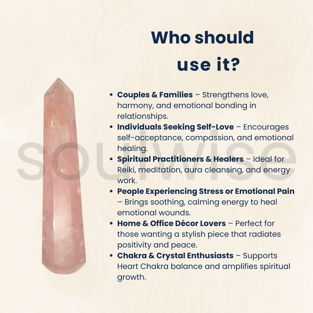 Soulwise AuraGuardian Rose Quartz Energy Wand – 100-150g for Healing, Aura Cleansing & Chakra Activation