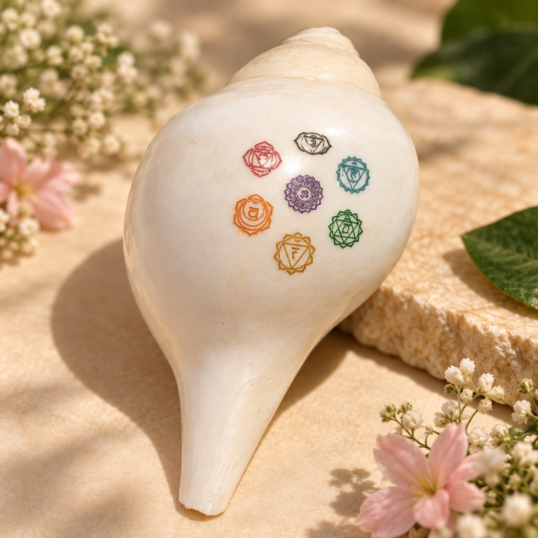Seven Chakra Shankh – Chakra-Themed Decorative Conch for Home Mandir, Meditation Space & Spiritual Gifting