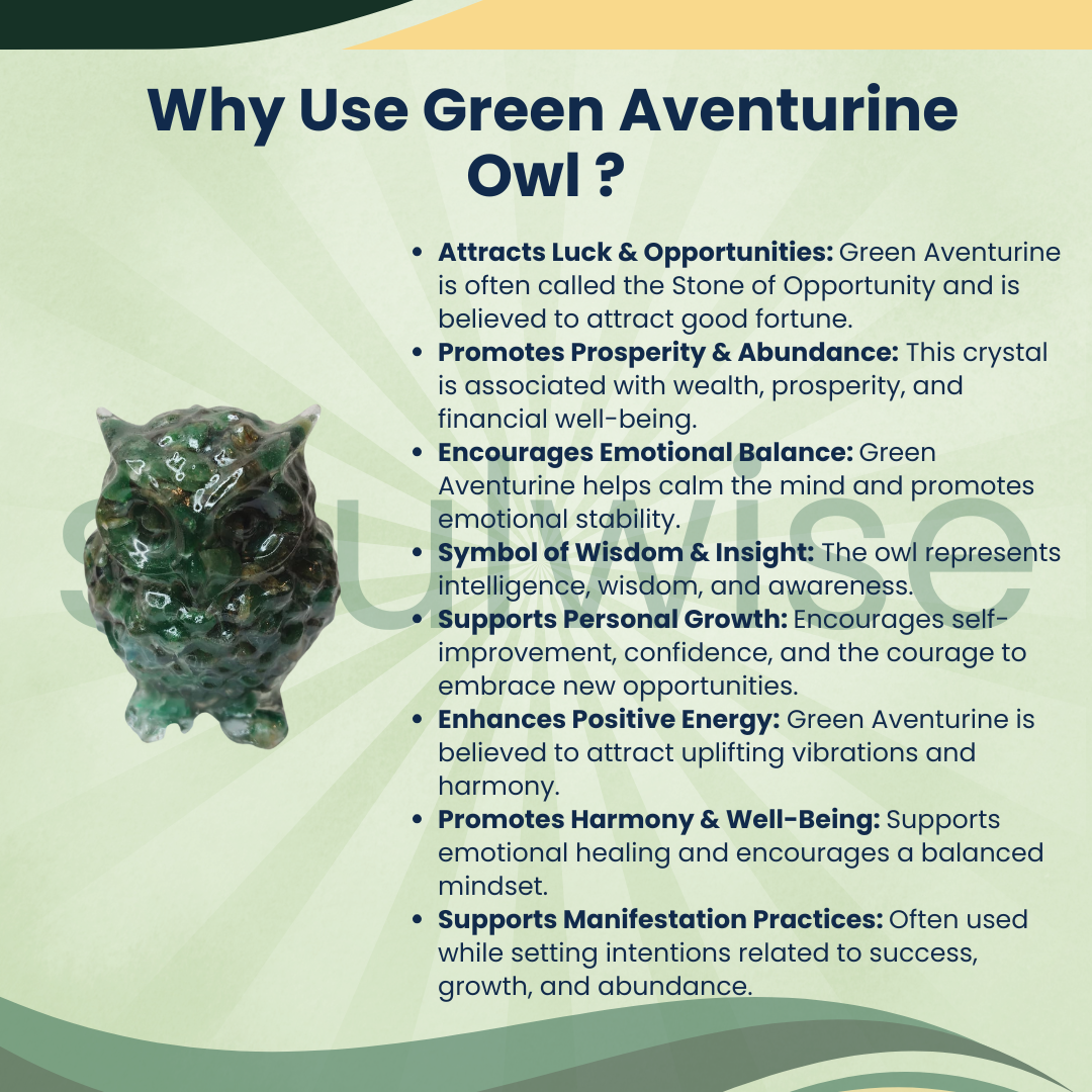 Green Aventurine Owl – Natural Crystal Owl for Prosperity, Wisdom, Good Luck & Positive Energy | Spiritual Home & Office Décor