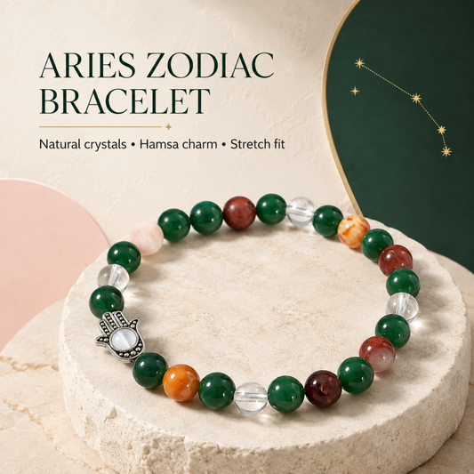 Aries Zodiac Crystal Bracelet with Hamsa Hand Charm – Certified Natural Multi-Stone 8mm Beads