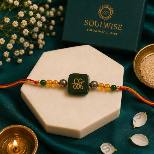 Money Magnet Rakhi with Zibu Symbol – Green Jade, Citrine & Pyrite Prosperity Rakhi for Abundance, Success & Positive Energy